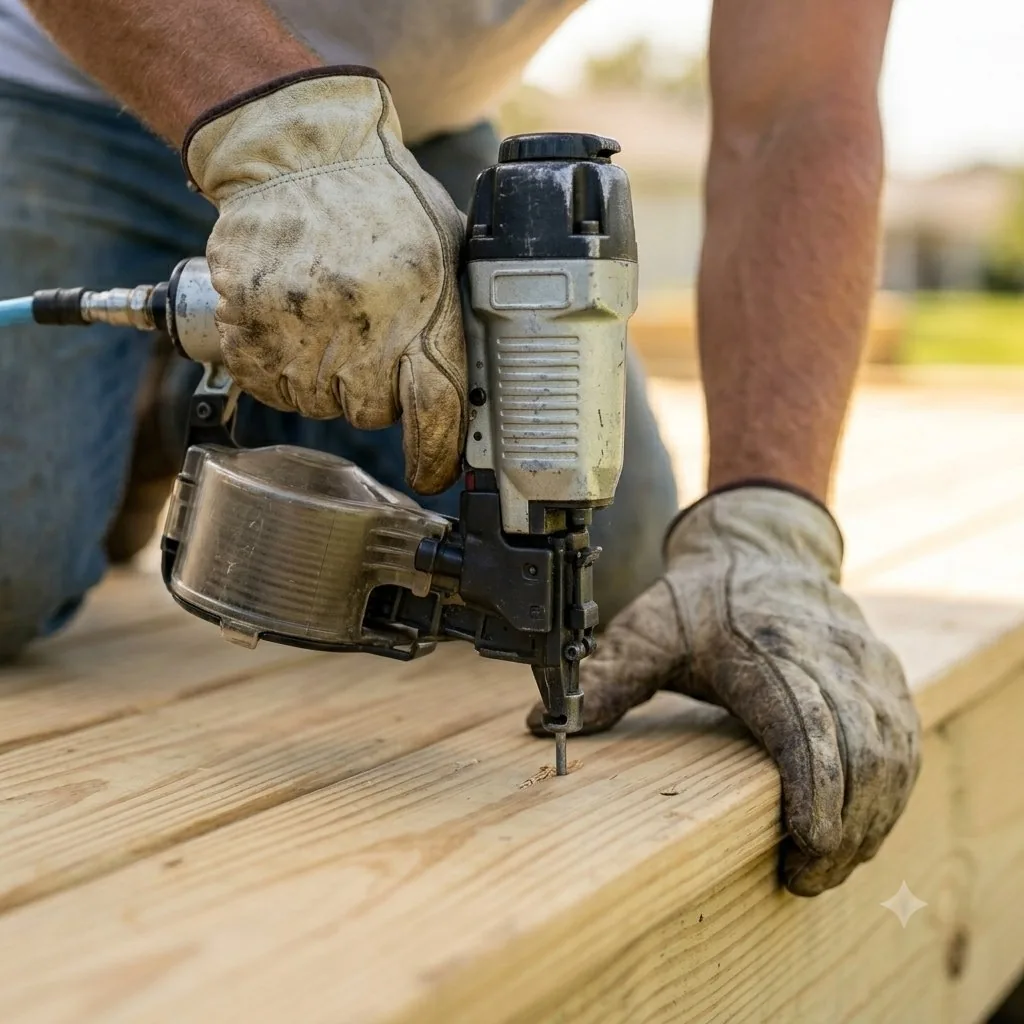 Gaineville Deck Builders truck at a Gaineville job site